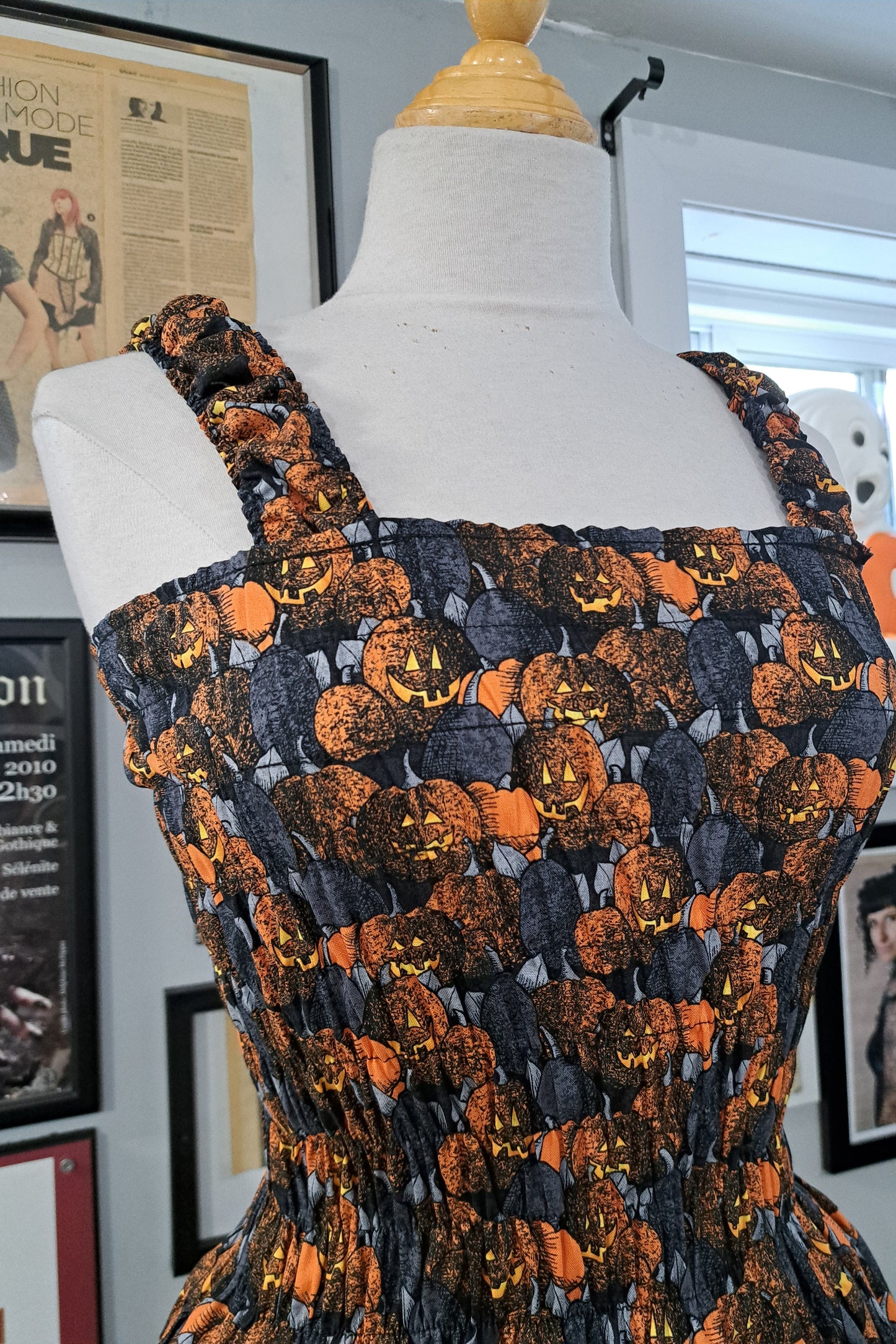 PRE-ORDER - Creeps of the Crop Jumperdress - Charcoal Jack O'Lantern Gothic Cotton Dress